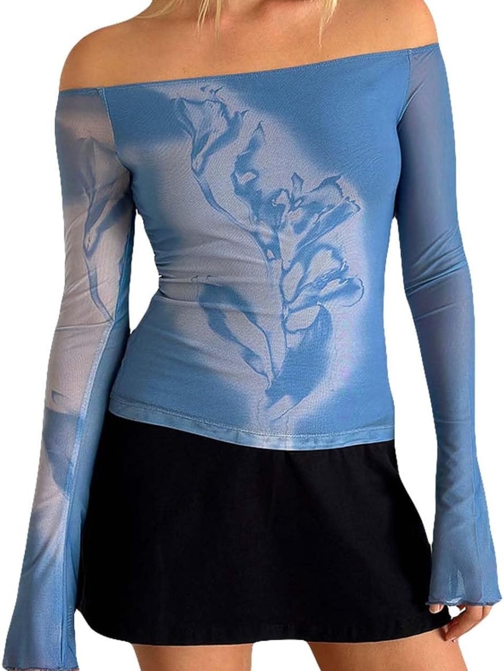 Motel Kareena Long Sleeve Bardot Top in Pretty Petal Flock Navy
